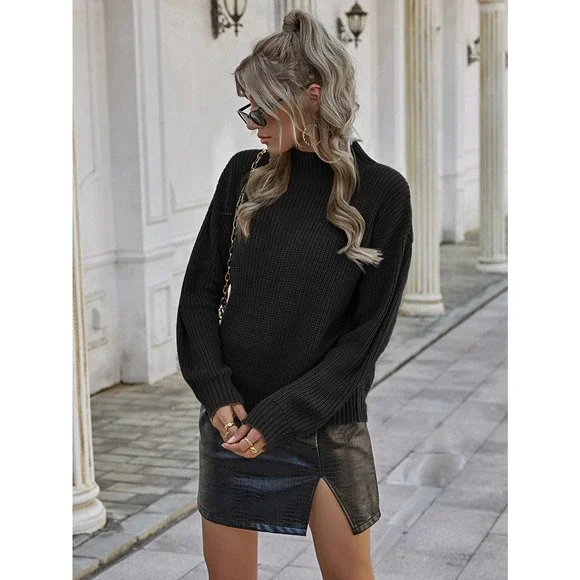 minimalist Ribbed Knit Mock Neck Sweater preppy black - Picture 5 of 9